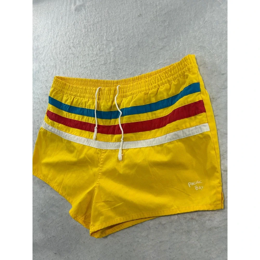 Pacific Bay Mens XL Yellow Retro Striped Swim Trunks Mesh Liner B1008